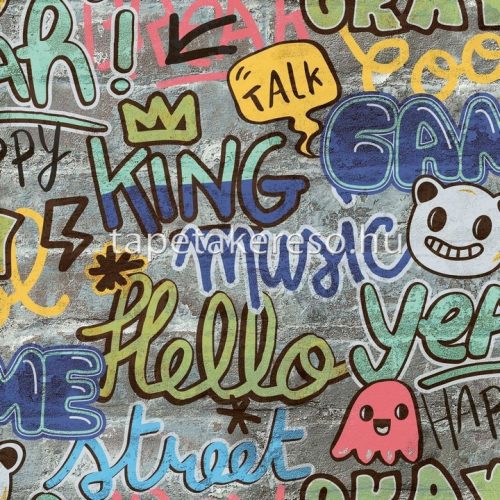 Caselio Young & Free vlies, vinyl anyagú szürke, kék, sárga, rózsaszín, türkiz színű grafiti, feliratos ifjúsági tapéta