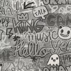   Caselio Young & Free vlies, vinyl anyagú szürke, fehér, fekete színű grafiti, feliratos ifjúsági tapéta