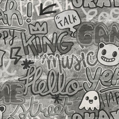 Caselio Young & Free vlies, vinyl anyagú szürke, fehér, fekete színű grafiti, feliratos ifjúsági tapéta