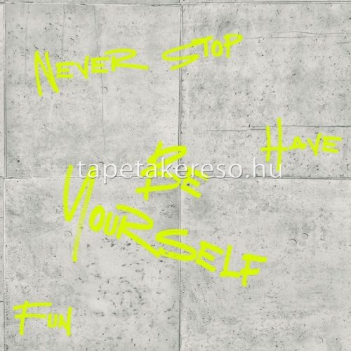 Caselio Young & Free vlies, vinyl anyagú szürke, neon zöld színű betonhatású, feliratos ifjúsági tapéta