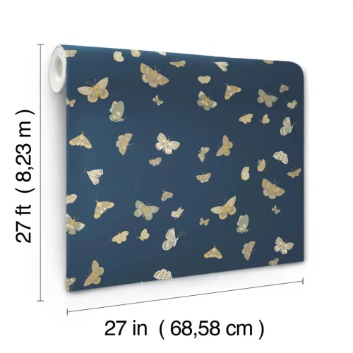 York RIFLE PAPER 3 vlies anyagú, kék, arany, fehér, szürke, sötét színű, pillangós, Modern tapéta