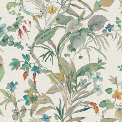 Zambaiti Parati Trussardi Casa 8 vlies, vinyl anyagú, fehér, zöld, lila, türkiz, sárga, piros színű, indamintás, leveles, virágos, Modern tapéta
