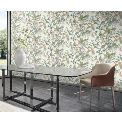   Zambaiti Parati Trussardi Casa 8 vlies, vinyl anyagú, fehér, zöld, lila, türkiz, sárga, piros színű, indamintás, leveles, virágos, Modern tapéta