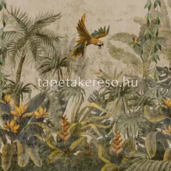   Zambaiti Parati Savana vlies, vinyl anyagú barna, zöld, sárga színű növényes, leveles, madaras modern, natural poszter
