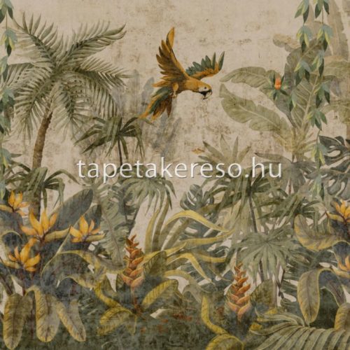 Zambaiti Parati Savana vlies, vinyl anyagú barna, zöld, sárga színű növényes, leveles, madaras modern, natural poszter