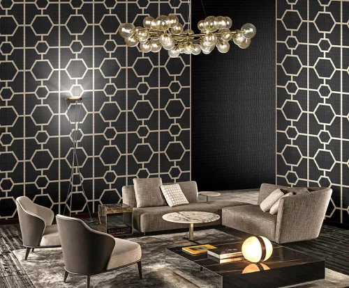 Zambaiti Parati Philipp Plein vlies, vinyl anyagú fekete, arany színű bőrmintás, geometriai modern tapéta