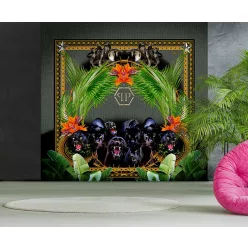   Zambaiti Parati Philipp Plein vlies, vinyl anyagú fekete, zöld, narancssárga színű állatos, leveles modern poszter