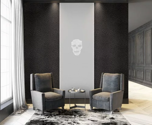 Zambaiti Parati Philipp Plein vlies, vinyl, kristály anyagú szürke, fehér színű halálfejes, bőrmintás modern poszter