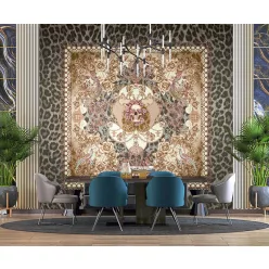   Zambaiti Parati Philipp Plein vlies, vinyl anyagú barna, szürke színű madaras, virágos, halálfejes modern poszter