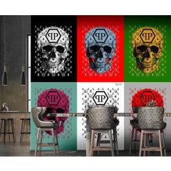   Zambaiti Parati Philipp Plein vlies, vinyl anyagú fekete, fehér, piros, zöld színű betűs, halálfejes modern poszter
