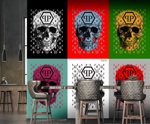 Zambaiti Parati Philipp Plein vlies, vinyl anyagú fekete, fehér, piros, zöld színű betűs, halálfejes modern poszter