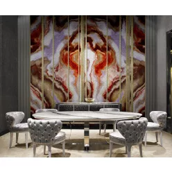   Zambaiti Parati Philipp Plein vlies, vinyl anyagú barna, lila, narancssárga színű márványos, csíkos, betűs modern poszter