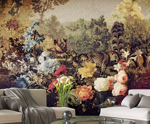 Zambaiti Parati Philipp Plein vlies, vinyl anyagú arany, barna, kék, piros, sárga színű fás, állatos, virágos modern poszter