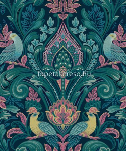 Grandeco Arcadia vlies, vinyl anyagú kék, rózsaszín, türkiz, mustársárga színű madaras, növényes, etno modern tapéta