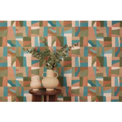   Caselio Azur, vinyl, vlies anyagú, barna, zöld, türkiz, barack színű, geometriai, Modern tapéta
