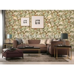   Design ID Wallstitch vlies, vinyl anyagú beige, zöld, narancssárga színű madaras, leveles modern tapéta