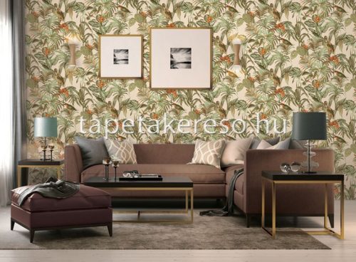 Design ID Wallstitch vlies, vinyl anyagú beige, zöld, narancssárga színű madaras, leveles modern tapéta