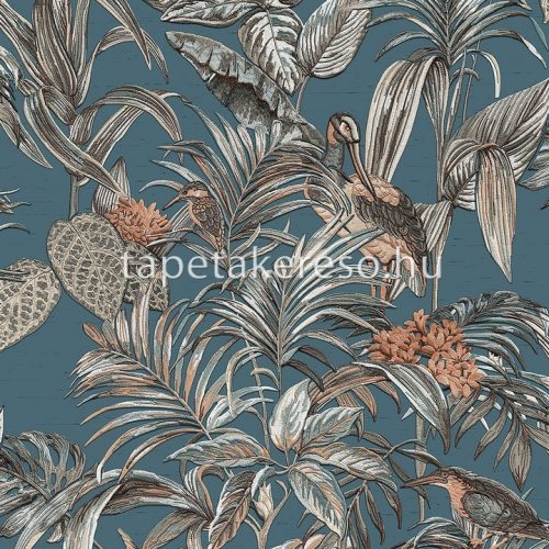 Design ID Wallstitch vlies, vinyl anyagú kék, barna, szürke, csillámos színű madaras, leveles modern tapéta