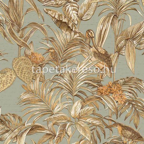 Design ID Wallstitch vlies, vinyl anyagú barna, narancssárga, zöld, csillámos színű madaras, leveles modern tapéta