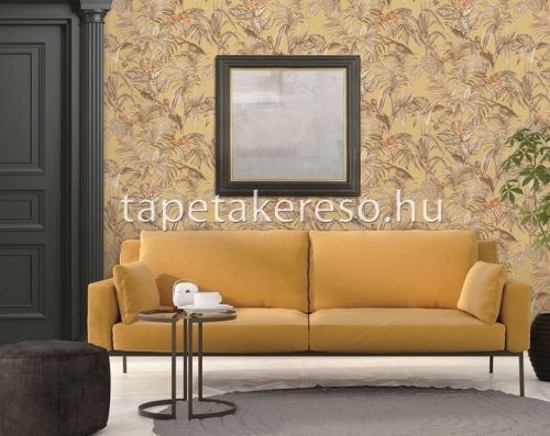 Design ID Embellish vlies, vinyl anyagú sárga, narancssárga, barna, arany, csillámos színű leveles, madaras, textilhatású modern tapéta