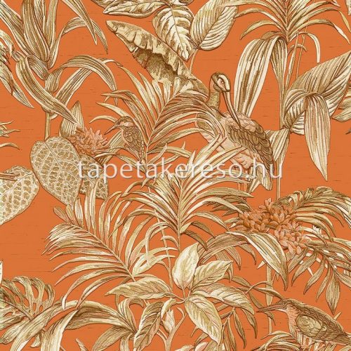 Design ID Wallstitch vlies, vinyl anyagú narancssárga, barna színű madaras, leveles modern tapéta