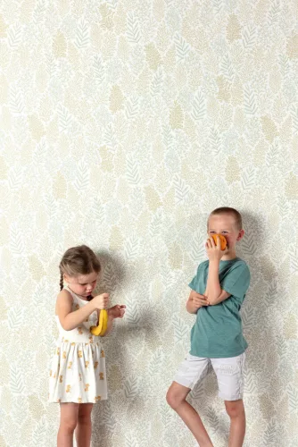 Khroma Be Happy vlies anyagú fehér, keki, türkiz színű faágas gyerek tapéta