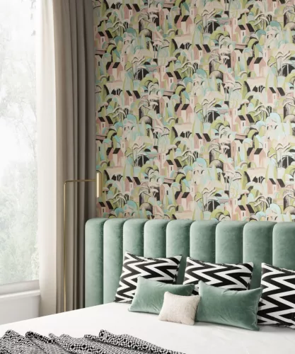 Khroma Aquila vlies anyagú beige, zöld, fekete, türkiz, gyöngyház színű épület, fás, festmény modern tapéta
