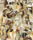Khroma Aquila vlies anyagú beige, zöld, fekete, rozsdabarna, gyöngyház színű épület, fás, festmény modern tapéta