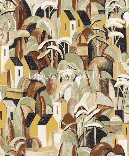 Khroma Aquila vlies anyagú beige, zöld, fekete, rozsdabarna, gyöngyház színű épület, fás, festmény modern tapéta