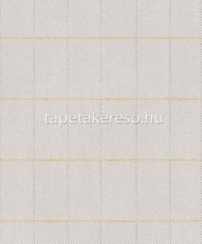 Khroma Aquila vlies anyagú szürke, fehér, mustársárga színű kockás, chevron, textilhatású modern tapéta
