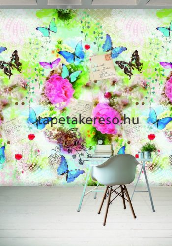 Behang Expresse COLOR CHOC vlies anyagú rózsaszín, kék, zöld színű virágos, pillangós gyerek poszter