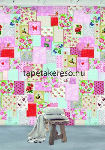 Behang Expresse COLOR CHOC vlies anyagú piros, rózsaszín, kék, zöld színű patchwork, madaras, virágos gyerek poszter