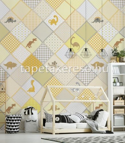 Behang Expresse KAY AND LIV vlies anyagú fehér, sárga, beige színű dinós, kockás, patchwork gyerek poszter