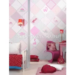   Behang Expresse KAY AND LIV vlies anyagú rózsaszín, fehér, szürke színű dinós, kockás, patchwork gyerek poszter