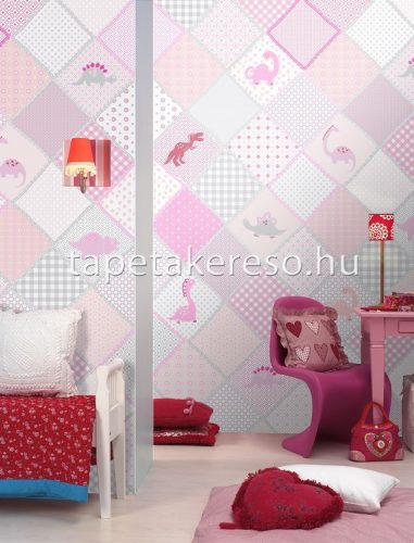 Behang Expresse KAY AND LIV vlies anyagú rózsaszín, fehér, szürke színű dinós, kockás, patchwork gyerek poszter