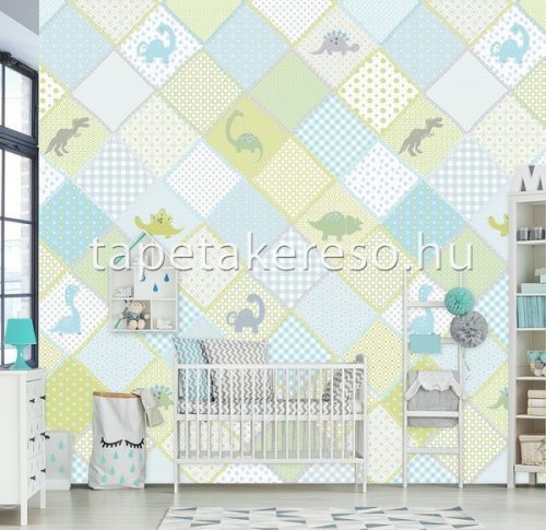 Behang Expresse KAY AND LIV vlies anyagú kék, szürke, fehér, zöld színű dinós, kockás, patchwork gyerek poszter