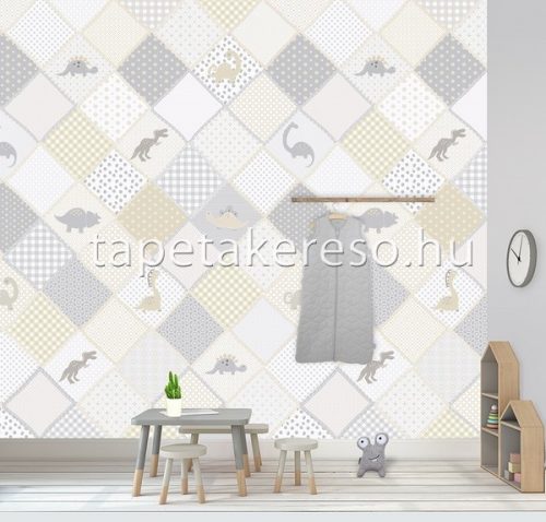 Behang Expresse KAY AND LIV vlies anyagú fehér, beige, szürke színű dinós, kockás, patchwork gyerek poszter