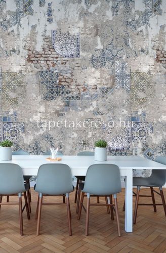 Behang Expresse Passion for Materials vlies anyagú kék, szürke, sárga, fekete, terrakotta színű keleties, téglamintás, koptatott modern, indusztriális poszter