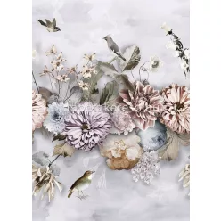   Behang Expresse Floral Utopia vlies anyagú szürke, lila, kék, barna színű madaras, virágos romantikus tapéta
