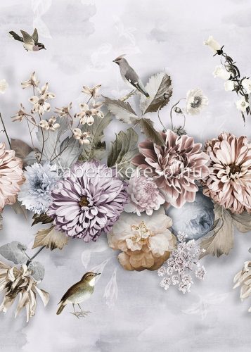 Behang Expresse Floral Utopia vlies anyagú szürke, lila, kék, barna színű madaras, virágos romantikus tapéta