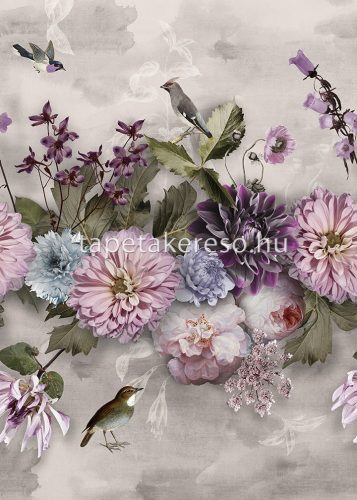 Behang Expresse Floral Utopia vlies anyagú zöld, lila, rózsaszín, kék, szürke színű madaras, virágos romantikus tapéta