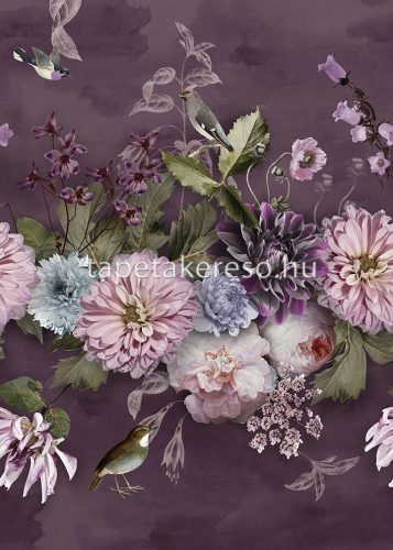 Behang Expresse Floral Utopia vlies anyagú lila, rózsaszín, zöld színű madaras, virágos romantikus tapéta