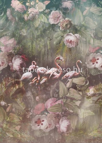 Behang Expresse Floral Utopia vlies anyagú zöld, rózsaszín színű növényes, madaras romantikus tapéta