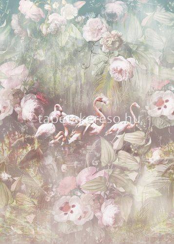 Behang Expresse Floral Utopia vlies anyagú zöld, rózsaszín színű növényes, madaras romantikus tapéta