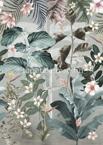 Behang Expresse Floral Utopia vlies anyagú zöld, barna, barack, szürke színű növényes, madaras romantikus tapéta