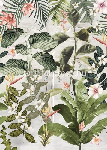 Behang Expresse Floral Utopia vlies anyagú zöld, barack, szürke színű növényes, madaras romantikus tapéta