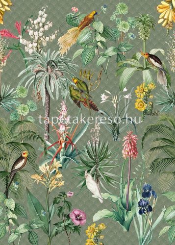 Behang Expresse Floral Utopia vlies anyagú zöld, barna, sárga színű növényes, madaras romantikus tapéta