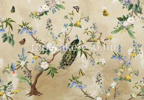 Behang Expresse Floral Utopia vlies anyagú beige, zöld, fehér, sárga, kék színű madaras, virágos romantikus tapéta