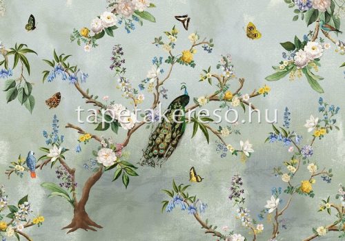 Behang Expresse Floral Utopia vlies anyagú kék, barna, zöld, sárga, fehér színű madaras, virágos romantikus tapéta