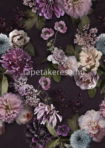 Behang Expresse Floral Utopia vlies anyagú zöld, mályva, kék, barna színű virágos romantikus tapéta